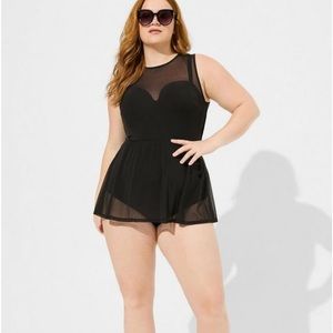 Underwire Long Mesh Overlay Swim Dress With Brief